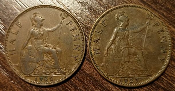 1927 & 1930 British Half Pennys Full bold dates!