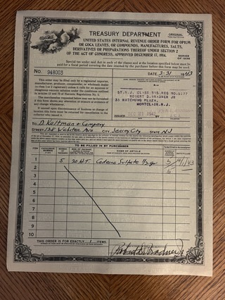 1943 Treasury Dept Order Form for Opium, Coca, etc. Issued for five packages of Codeine Sulfate