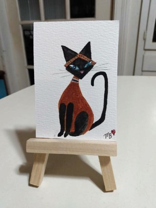 ACEO Original, Watercolor Painting 2-1/2"X 3/1/2" Whimsical Boho Cat by Artist Marykay Bond