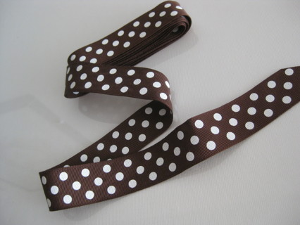 Grosgrain ribbon, brown with white dots, 1" x 79", new off the spool