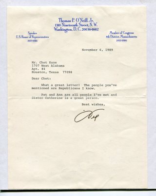 1989 Letter/Cover Autographed 2X Senator Thomas "Tip" O'Neill