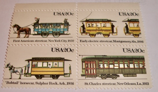 Scott #2059-62, Street Cars, Pane of 4 Useable 20¢ US Postage Stamps