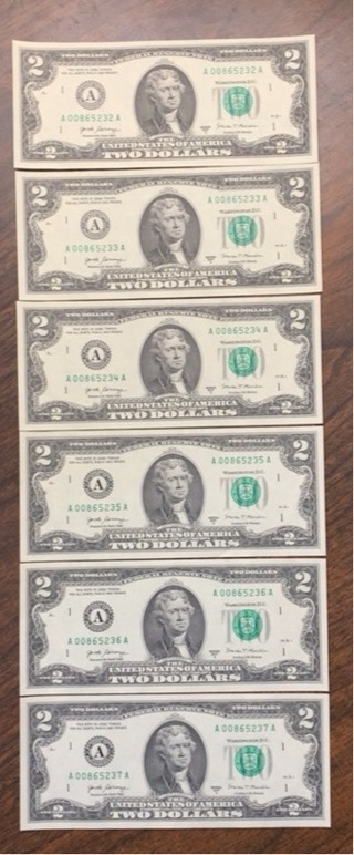 6  $2 bills in sequence 