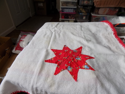 Linen Christmas dish cloth red quilted star quilt block with crochet trim 