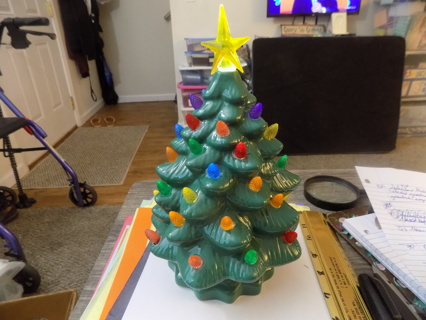 11 inch tall green ceramic Christmas tree battery operated lights up different color