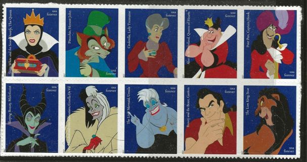 FOREVER US Scott #5213-22, Block of 10 2017 Disney Villains VF MNH