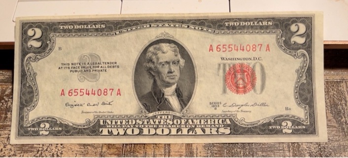 Vintage Series 1953 B Red Seal Two Dollar Bill