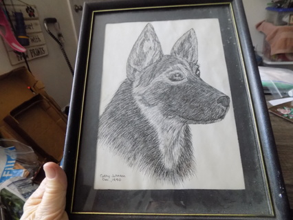 Vintage 1990 signed, dated, & framed under glass sketching of German Shepherd 12 x 10 frame