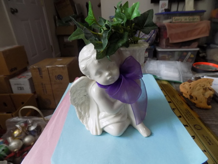 6inch white porcelain angel cherub kneeling holds silk ivy bush , purple bow taper candle holder