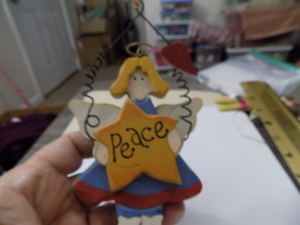 6 i nch wood angel ornament holds star shape sign peace blue and red dress