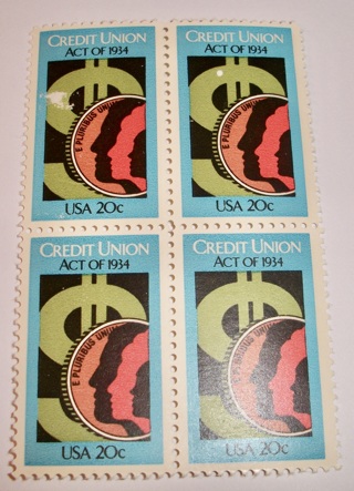 Scott #2075, Credit Union Act, Pane of 4 Useable 20¢ US Postage Stamps