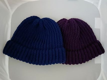 Set of 2 Handmade Loom Knit Hats Dark Blue & Dark Purple