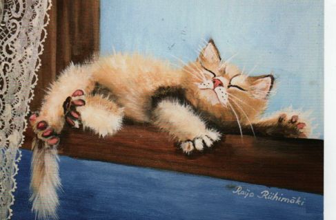 used postcard: painting of a cat by finish artist