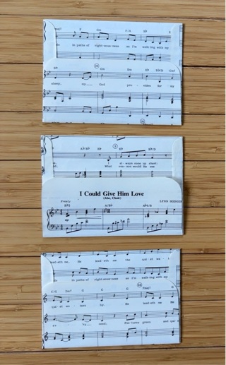 Three handmade Music themed envelopes 