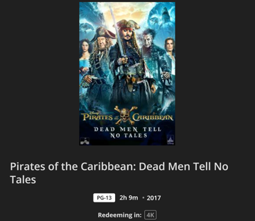 Pirates of the Caribbean: Dead Men Tell No Tales MA VUDU 4k UHD Digital Movie Code