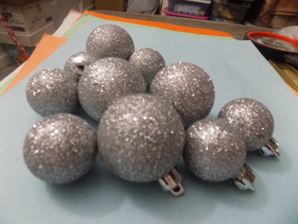 10 Silvery glittery Christmas ornaments  round in 2 sizes