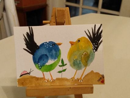 Original, Watercolor Painting " 2-1/2 X 3-1/2" ACEO Whimsical Birds by Artist Marykay Bond