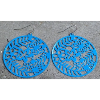 Large Blue Round Circle Flower Floral Cutout Earrings Thin Metal Wire Hooks