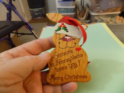 Ornament 4 inch  hand made wood bunny wears Santa hat says Someone in Pennsylvania love you