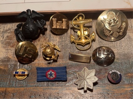 12 Different Vintage Military Pins with Various Attachments