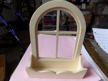 7 inch tall wooden arched window display with flower box ready to paint