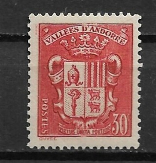 1938 Andorra (French) Sc72 30c Coat of Arms MH