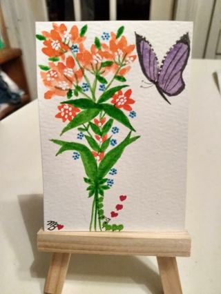 Original, Watercolor Painting 2-1/2"X 3/1/2" Butterfly Floral by Artist Marykay Bond