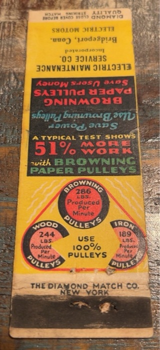 Vintage 1930’s Browning Pulleys Matchbook Cover