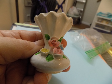 3 inch white porcelain mini vase ribbed ruffle rim 3 D pink, yellow roses