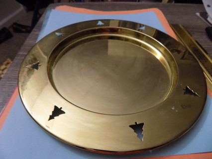8 inch round goldtone candle charger plate with cut out Christmas trees