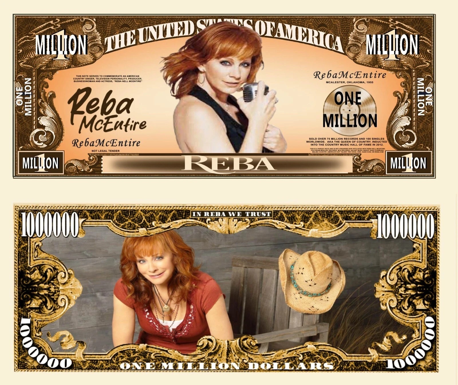Free: Reba McEntire Million Dollar Bill Play Funny Money Novelty Note