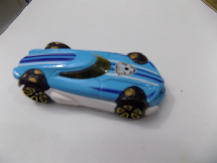 Hot Wheels baby blue car with black crescent moon shape windows