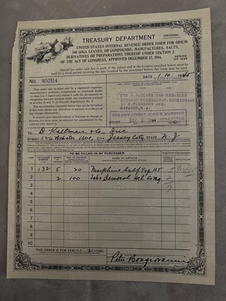 Treasury Form for Opium, Coca Leaves 1945 Issued for Morphine & Demerol