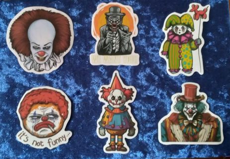 6 - "HALLOWEEN CRAZY, CLOWNS" STICKERS ( 1 Free Sticker with win)