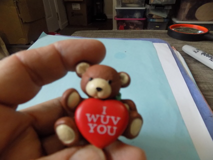 2 inch resin brown teddy bear holds red I Wuv you heart