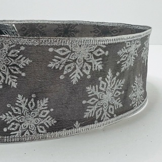 Gray White Snowflake 2.5” Wire Edge Ribbon 