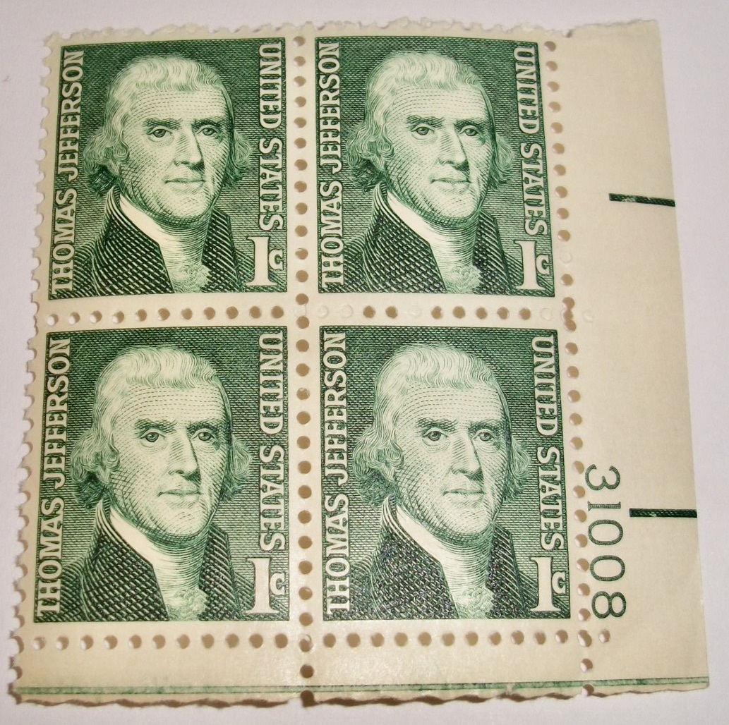 Free: Scott #1278, Thomas Jefferson, Pane of 4 Useable 1¢ US Postage Stamps. Has Original Gum.
