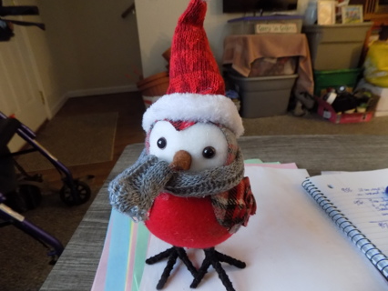 9 inch bird in gray knit scarf and plaid wings Santa hat ,tree pattern