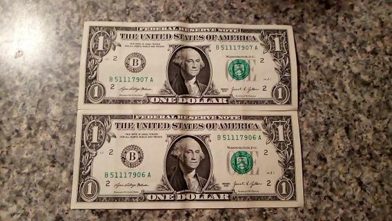 2 SEQUENTIAL ONE DOLLAR BILLS. CRISP UNCIRCULATED...YEP YOU DECIDE THE PRICE