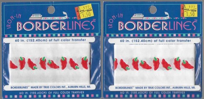 (2) Sealed Packages Border Lines Iron-On Chili Peppers Full Color Transfers