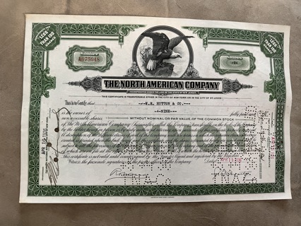  North American Company stock certificate 1936 green Eagle Original Dow Jones stock 