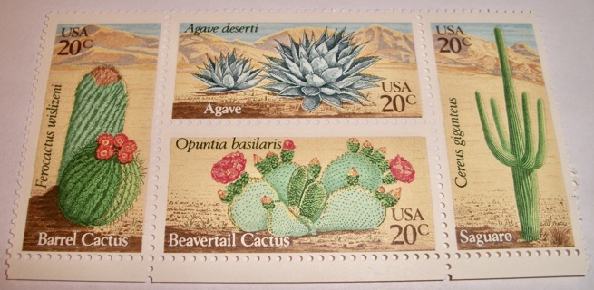 Scott #1942-45, Desert Plants, Pane of 4 Useable 20¢ US Postage Stamps