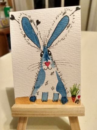 Original, Watercolor Painting 2-1/2"X 3/1/2" Bunny Rabbit by Artist Marykay Bond