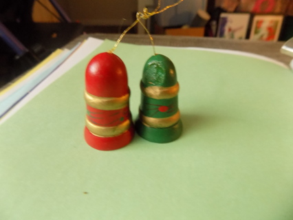 Pair of wooden bells ornament one red & gold 1 green & gold