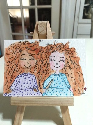 ACEO Original, Watercolor & Ink Painting 2-1/2"X 3/1/2" We are all Sisters by Artist Marykay Bond