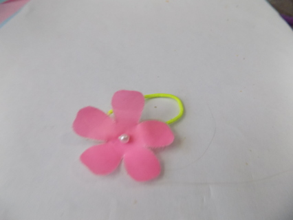 pink cloth 5 petal flowers witih pearl center pony tail holder