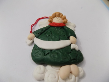 4 inch polylmar clay angel ornament in green gown and stars blond, curly hair