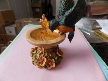 5 1/2 tall resin bluebird drinking from a fountain 3D pink flowers around