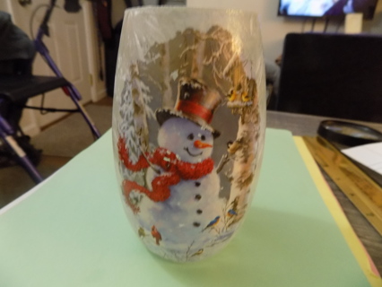 5 inch tall frosted glass candle holder with snowmen and cardinals signed by artist
