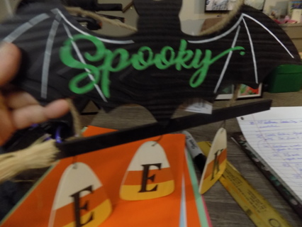 Wooden Halloween Spooky Bat EEK sign, bats, broom, candy corn #3